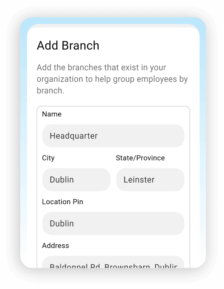 Add Branch form for grouping employees by branch
